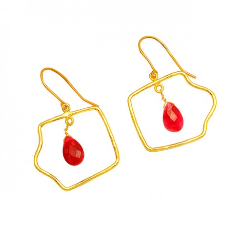 925 Sterling Silver Ruby Pear Drops Shape Gemstone Gold Plated Dangle Earrings