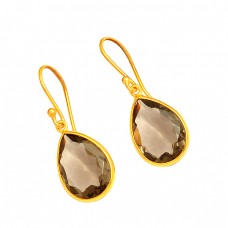 Pear Shape Smoky Quartz Gemstone 925 Sterling Silver Gold Plated Dangle Earrings