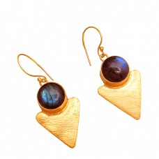 925 Sterling Silver Round Shape Lebradorite Gemstone Gold Plated Dangle Earrings