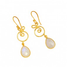 Designer Rainbow Moonstone Pear Shape Gemstone 925 Silver Gold Plated Earrings