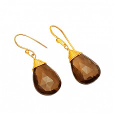 Pear Shape Smoky Quartz Gemstone 925 Sterling Silver Gold Plated Dangle Earrings