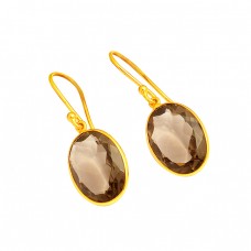 Oval Shape Smoky Quartz Gemstone 925 Sterling Silver Gold Plated Dangle Earrings