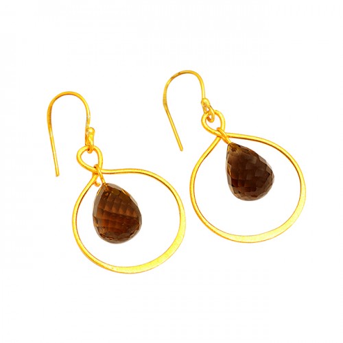 Smoky Quartz Pear Drops Shape Gemstone Gold Plated Handmade Earrings