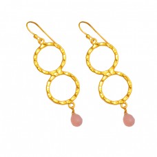 925 Sterling Silver Pink Quartz Pear Drops Shape Gemstone Gold Plated Earrings