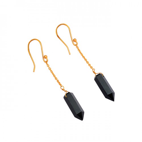 Black Onyx Pencil Shape Gemstone 925 Sterling Silver Gold Plated Chain Earrings