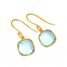 Cushion Shape Blue Topaz Gemstone 925 Sterling Silver Gold Plated Dangle Earrings