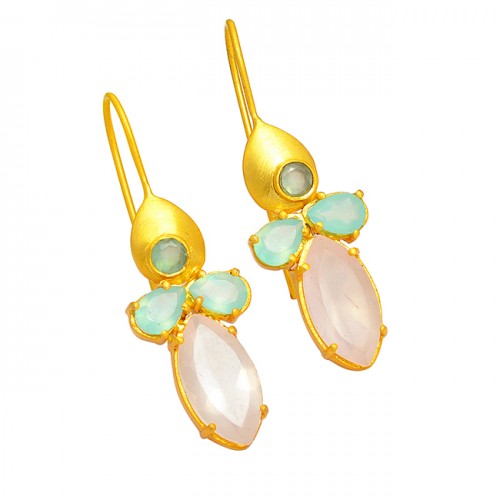 925 Sterling Silver Chalcedony Rose Quartz Gemstone Gold Plated Stylish Earrings
