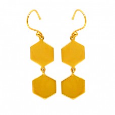 Hexagon Shape Designer Plain 925 Sterling Silver Gold Plated Dangle Earrings