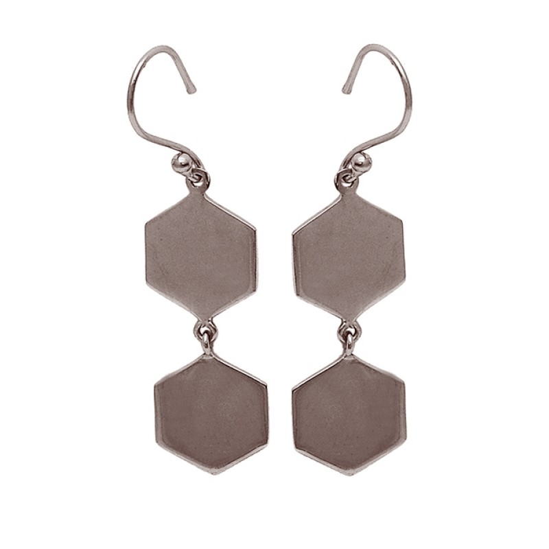 Hexagon Shape Designer Plain 925 Sterling Silver Gold Plated Dangle Earrings
