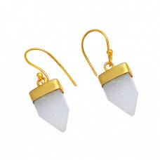 White Druzy Gemstone 925 Sterling Silver Gold Plated Dangle Handmade Earrings