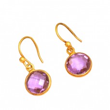 Bezel Setting Amethyst Round Shape Gemstone 925 Silver Gold Plated Earrings