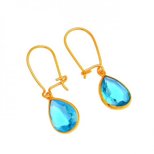 Blue Topaz Pear Shape Gemstone 925 Sterling Silver Gold Plated Dangle Hoop Earrings