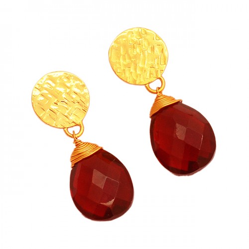 925 Sterling Silver Red Quartz Pear Shape Gemstone Gold Plated Stud Earrings