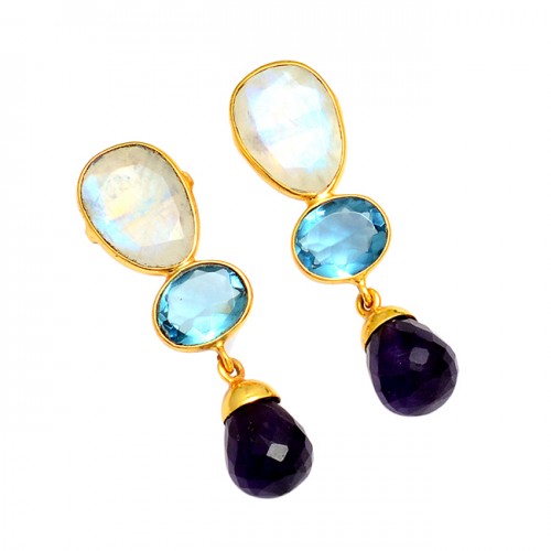 925 Sterling Silver Rainbow Blue Topaz Amethyst Gemstone Gold Plated Stud Earrings