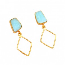 Blue Larimar Gemstone 925 Sterling Silver Gold Plated Dangle Earrings