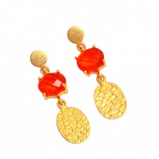 925 Sterling Silver Orange Quartz Oval Shape Gemstone Gold Plated Dangle Earrings