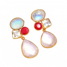 925 Sterling Silver Multi Color Gemstone Gold Plated Designer Stud Earrings