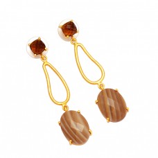 Designer Smoky Quartz Flint Gemstone 925 Sterling Silver Gold Plated Dangle Earrings