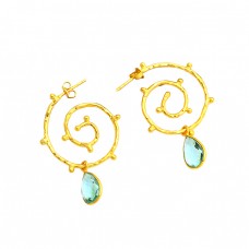 925 Sterling Silver Blue Topaz Pear Shape Gemstone Gold Plated Hoop Earrings