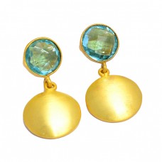 Briolette Round Shape Blue Topaz Gemstone 925 Silver Gold Plated Dangle Earrings