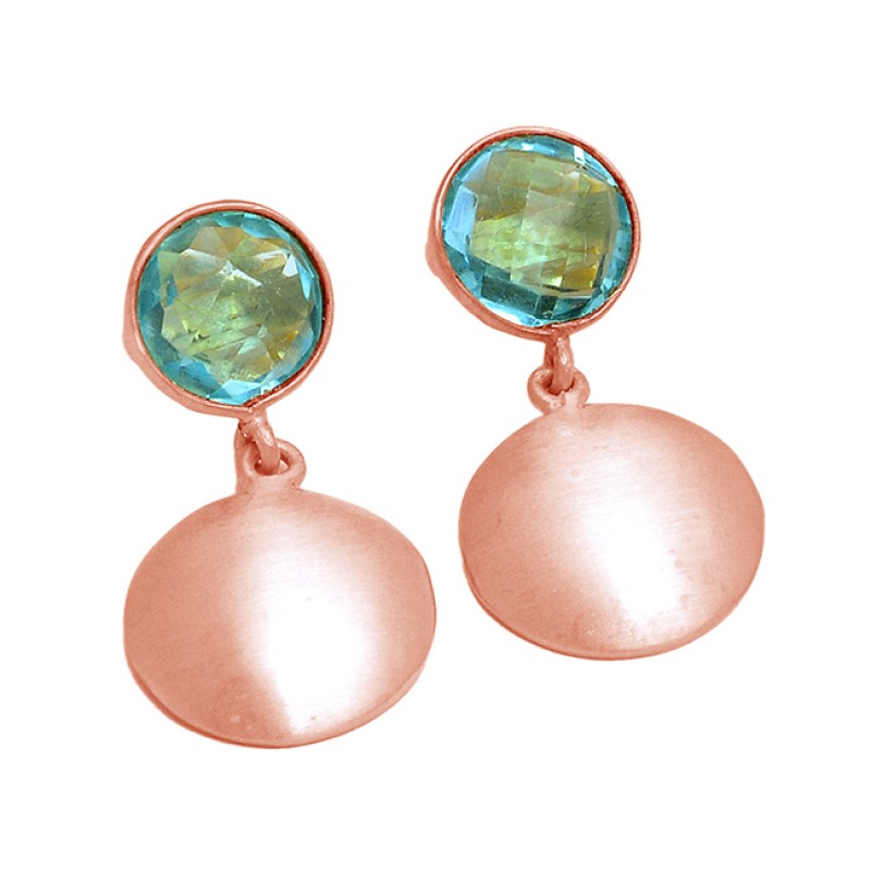 Briolette Round Shape Blue Topaz Gemstone 925 Silver Gold Plated Dangle Earrings