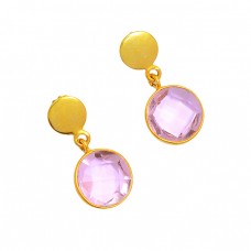 925 Sterling Silver Round Shape Pink Quartz Gemstone Gold Plated Dangle Stud Earrings