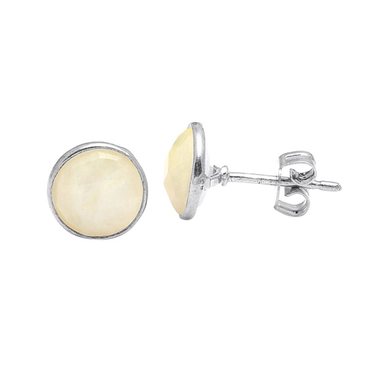 Cabochon Round Shape Rainbow Moonstone 925 Sterling Silver Gold Plated Stud Earrings