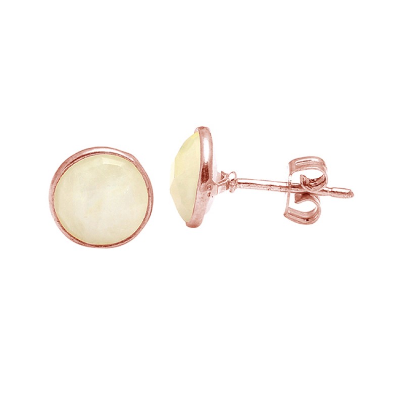 Cabochon Round Shape Rainbow Moonstone 925 Sterling Silver Gold Plated Stud Earrings