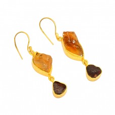 Citrine Garnet Rough Gemstone 925 Sterling Silver Gold Plated Dangle Earrings