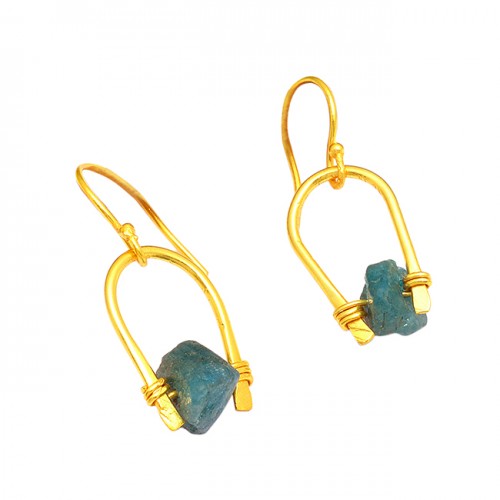 Unique Handmade Designer Aquamarine Rough Gemstone Gold Plated Dangle Earrings