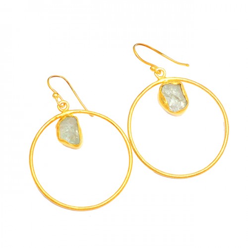 925 Sterling Silver Aquamarine Rough Gemstone Gold Plated Dangle Earrings
