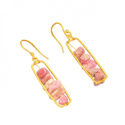 Stylish Designer Pink Tourmaline Rough Gemstone 925 Silver Gold Plated Earrings