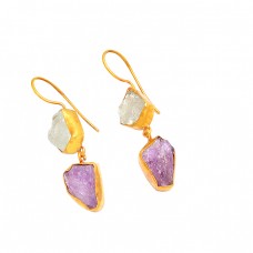 Rose Quartz Amethyst Gemstone 925 Sterling Silver Gold Plated Dangle Earrings