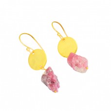 Handmade Designer Pink Tourmaline Rough Gemstone 925 Silver Gold Plated Earrings