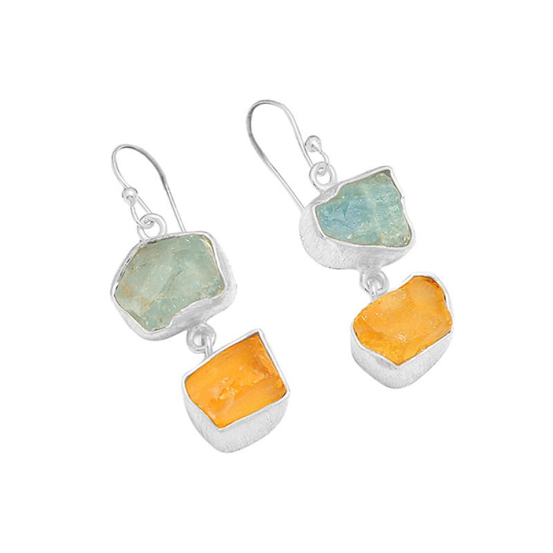 Aquamarine Citrine Rough Gemstone 925 Sterling Silver Gold Plated Earrings