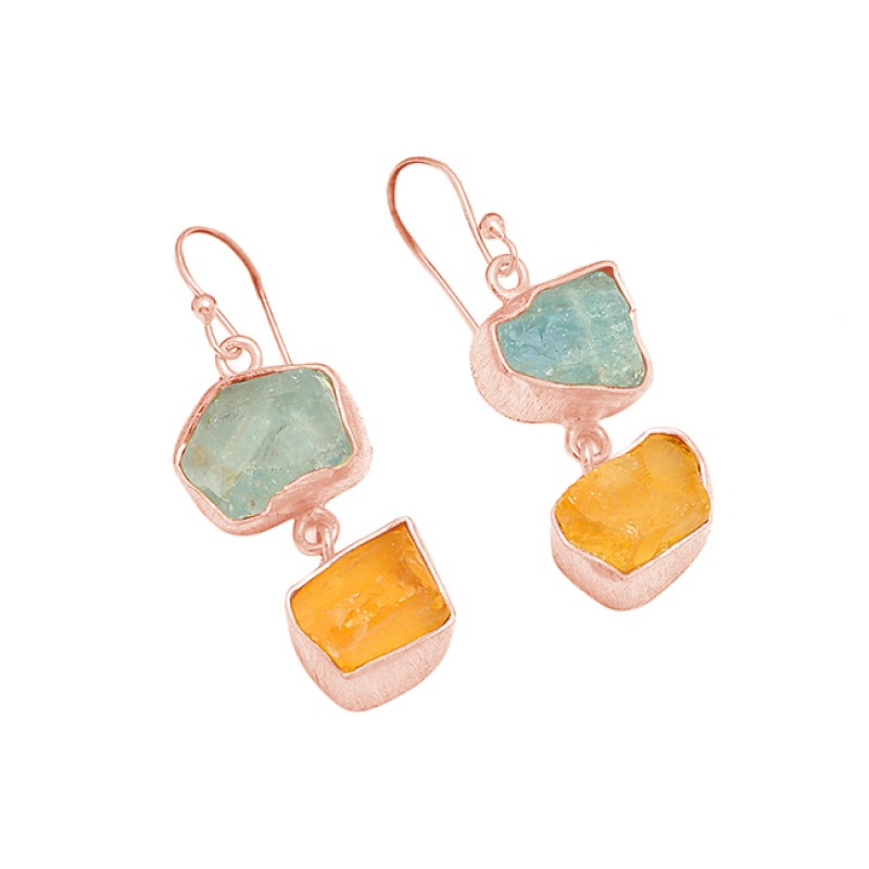 Aquamarine Citrine Rough Gemstone 925 Sterling Silver Gold Plated Earrings