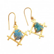 Blue Apatite Rough Gemstone 925 Sterling Silver Gold Plated Dangle Chain Earrings