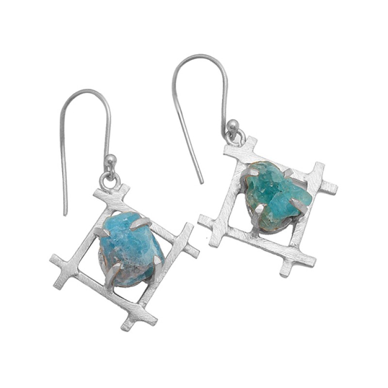 Blue Apatite Rough Gemstone 925 Sterling Silver Gold Plated Dangle Chain Earrings