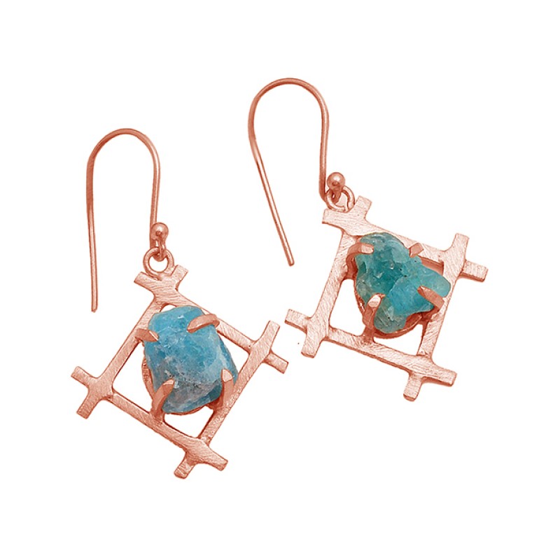 Blue Apatite Rough Gemstone 925 Sterling Silver Gold Plated Dangle Chain Earrings