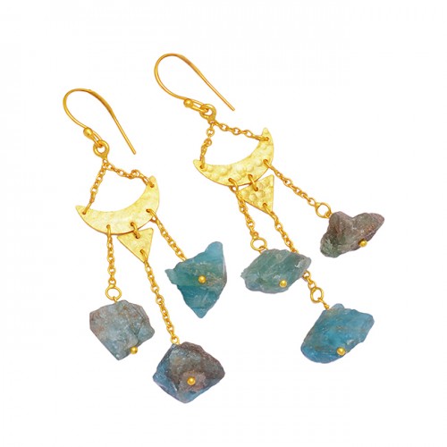 Handcrafted Designer Apatite Rough Gemstone 925 Silver Gold Plated Dangle Earrings