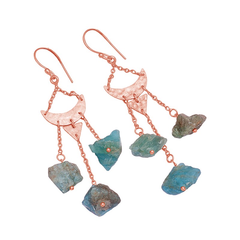Handcrafted Designer Apatite Rough Gemstone 925 Silver Gold Plated Dangle Earrings