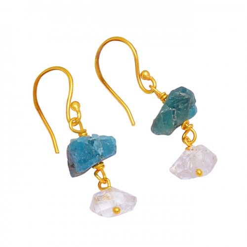 925 Sterling Silver Apatite Crystal Rough Gemstone Gold Plated Dangle Earrings
