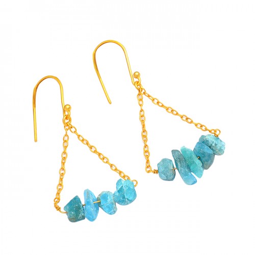 925 Sterling Silver Apatite Rough Gemstone Gold Plated Chain Dangle Earrings