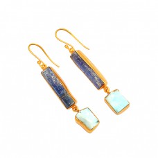 Blue Sapphire Larimar Rough Gemstone 925 Silver Gold Plated Handmade Earrings