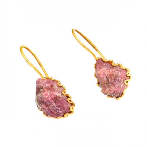 Pink Tourmaline Rough Gemstone 925 Sterling Silver Gold Plated Dangle Earrings