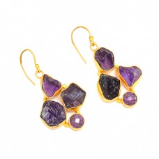 Amethyst Rough Gemstone 925 Sterling Silver Gold Plated Dangle Earrings