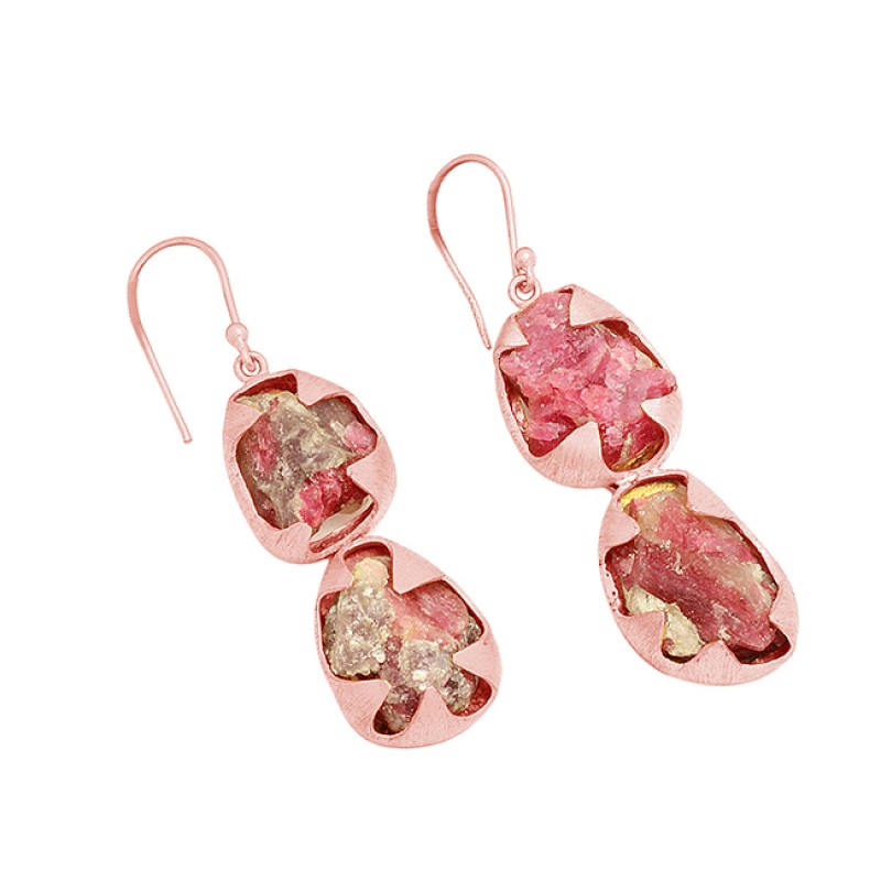 Pink Tourmaline Rough Gemstone 925 Sterling Silver Gold Plated Dangle Earrings