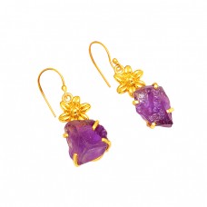 925 Sterling Silver Amethyst Rough Gemstone Gold Plated Dangle Earrings