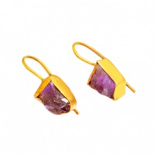 Amethyst Rough Gesmtone 925 Sterling Silver Gold Plated Fixed Ear Wire Earrings