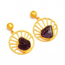 Amethyst Rough Gesmtone 925 Sterling Silver Gold Plated Stud Dangle Earrings